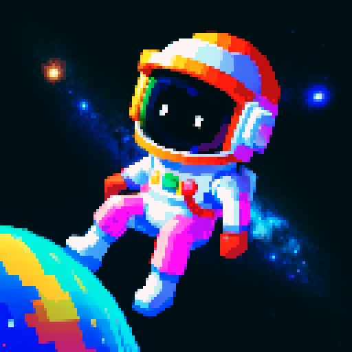 space traveler in vibrant pixel art spacesuit, with a helmet showcasing a reflective visor, surrounded by swirling galaxies, twinkling stars, and celestial wonders, all rendered in space color palette.
