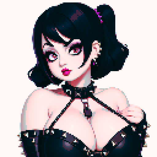 curvy, busty cute goth babe with studded collar, big titty goth wearing halter top, beautiful eye glamour shot, pixel art, sRGB