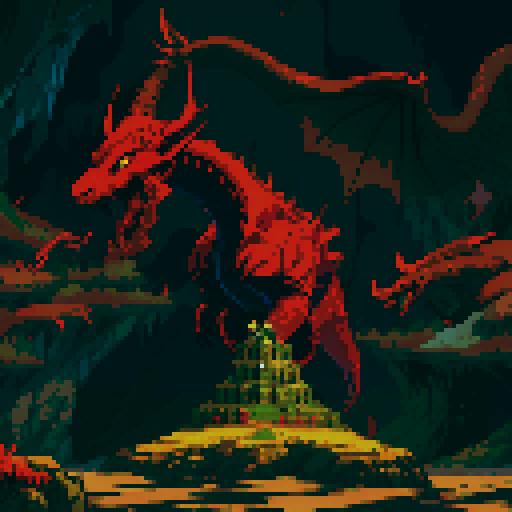 red dragon, cavern, pile of gold