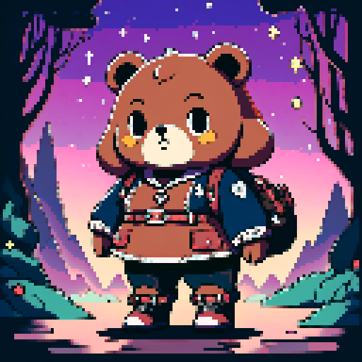A graphic depiction of a chubby puffy bear in retro 1995 anime style, chibi form, with expressive black eyes and brown fur, styled with long twin pigtails. Wearing magical clothes with intricate belts and patches. Background of a wild magic night with a dark waterfall and bright stars. Created Using: classic anime aesthetics, detailed magical garments, enchanting night setting, vivid portrayal, star reflections, dynamic composition, hd quality --ar 2:3 --v 6.0 niji
