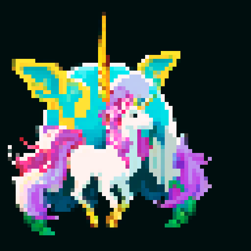 unicorn woman hybrid with cloven hooves, ethereal mane flowing, delicate golden horn, playful expression, bathed in the moons glow in a forest, clear detail, full body, pixel art style, sRGB format