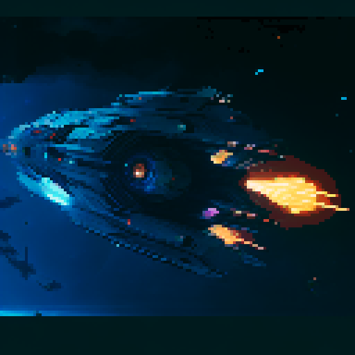 futuristic spaceship, topview, sleek and streamlined, hovering mid-air, pixelated sRGB aesthetic, retro-futuristic buttons, neon-lit control panel