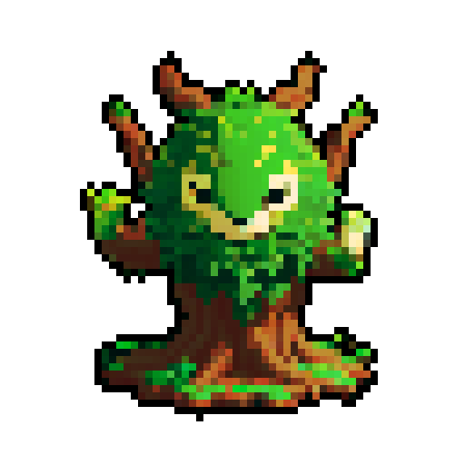 A robust, tree-like creature with bark armor, deep roots, and a protective stance. It has wise, ancient eyes and a commanding presence, ready to defend the forest. No background.
