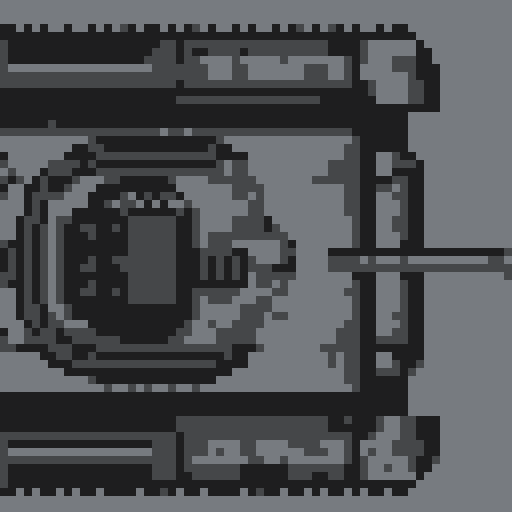 Top-down pixel art tank with large turret, noticeable treads, camouflage color scheme of greens and grays, blocky retro design showcasing armor plating and barrel detail in a pixel art style