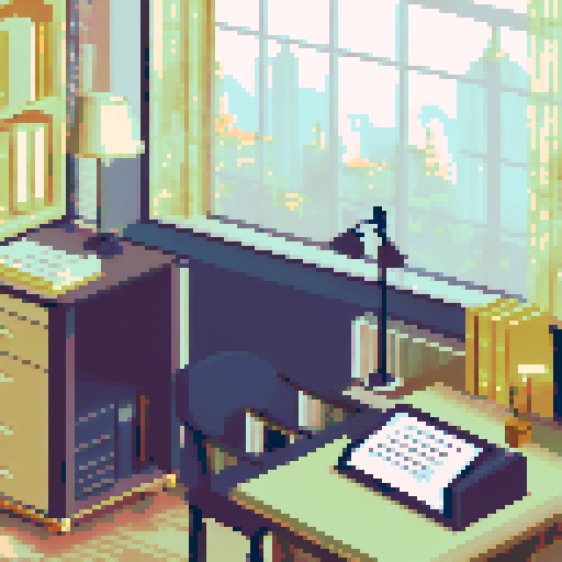 president office, elegant desk, leather chair, vintage typewriter, stack of official documents, golden pen, framed landscape painting, tall bookshelf, dimly lit desk lamp, large window with cityscape view, pixelated art, 2.5d, looking away