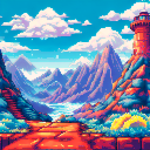 Pokemon, Chrono Trigger, vibrant colors, detailed sprite, towering mountains, flowing rivers, ocean, lighthouse, retro charm, pixelated characters, whimsical creatures, magical abilities, epic adventures, nostalgic journey, sRGB, pixel art, background, landscape