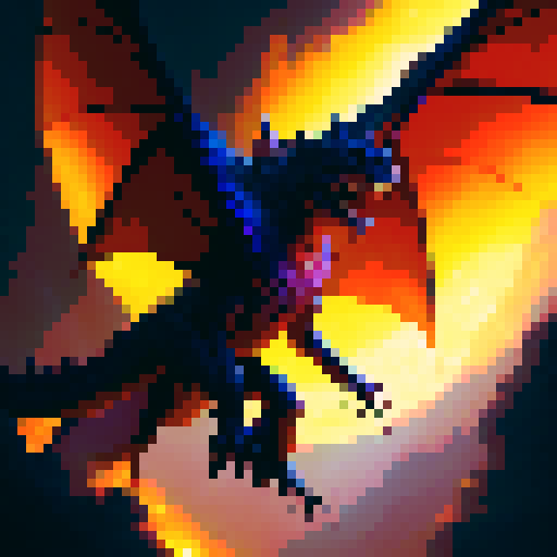 Fiery dragon with shimmering scales, wings spread wide as it soars through a cloudy sky, spewing flames from its monstrous jaws with a backdrop of a mystical kingdom in a fantasy RPG style