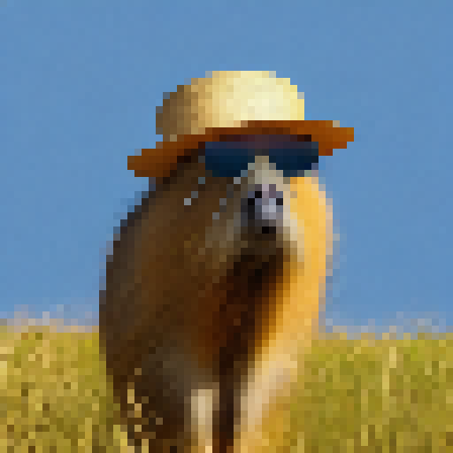 Elderly capybara wearing a straw hat and sunglasses, portrait