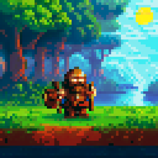 humble dwarf cleric, adorned with sun god symbols, pixel art, sRGB, background, landscape