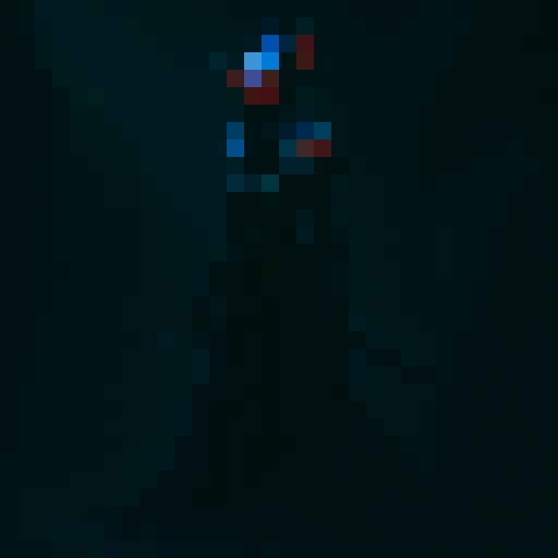 small, red-cloaked character with hidden face, intense red eyes, black outline, wielding a glowing sword, surrounded by swirling mist and mystical runes, fantasy RPG