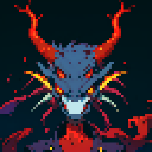 red dragon head, sprite, vibrant colors, glowing eyes, horns, 8-bit art style