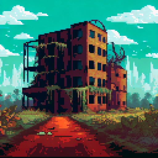 post-apocalyptic factory building, abandoned machinery, rusted pipes, overgrown vines, decaying buildings, shattered windows, eerie silence, nature reclaiming, vibrant pixelated colors, sRGB palette, atmospheric landscape
