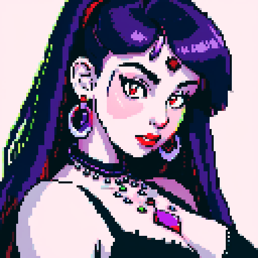 Thicc, busty goth girl, long purple hair, eyeliner, red lipstick, nude breast, studded collar, up close face portrait, vibrant sega genesis palette, nude pixel art portrait,