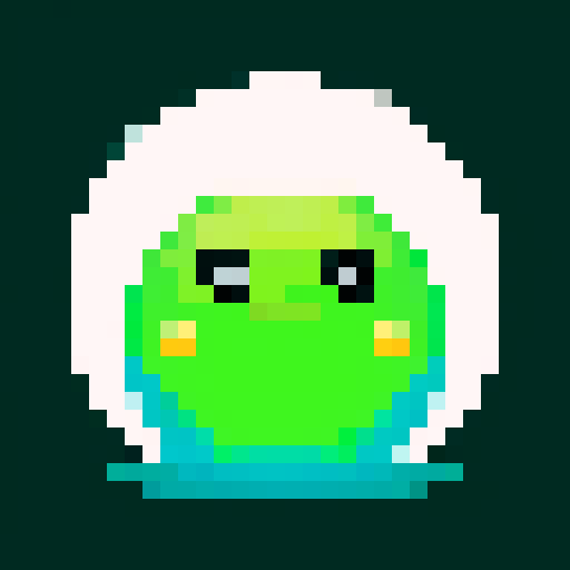 A simple amorphous blob with a glossy, semi-transparent green body. It has big, round eyes and a goofy smile, with small bubbles inside its jelly-like structure.
