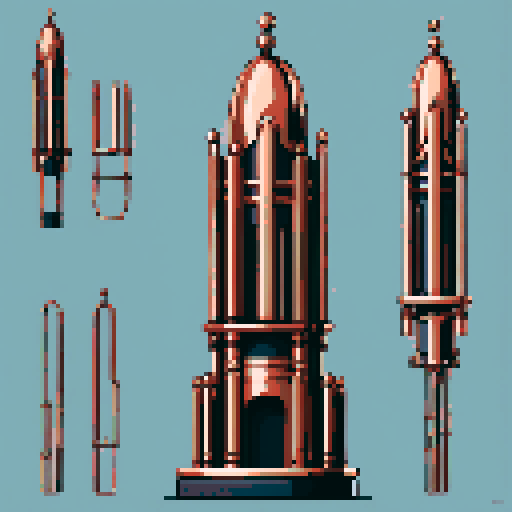 I want a tall vertical copper structure reminiscent of a organ pipe. It should have strange mechanical details that could interlock with each other. I also want this object usable an asset in a videogame, meaning only one object per image, outlined with a strong black stroke, on a solid-color background.