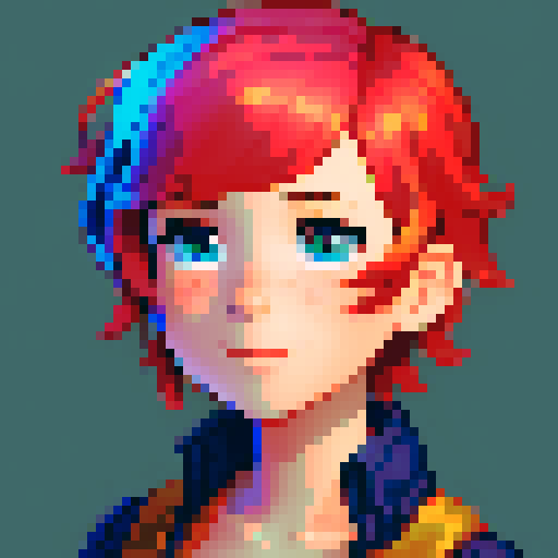 stardew valley-inspired, woman, pixel art, sRGB, vibrant colors, rustic backdrop, short hair, glowing skin, gentle smile, freckles, rosy cheeks
