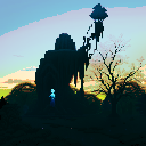 dark silhouette, pixel art, sRGB, mysterious moonlit forest, towering ancient trees, glowing orbs, ethereal mist, haunting shadows, shimmering reflections, enchanted atmosphere, surreal dream-like landscape