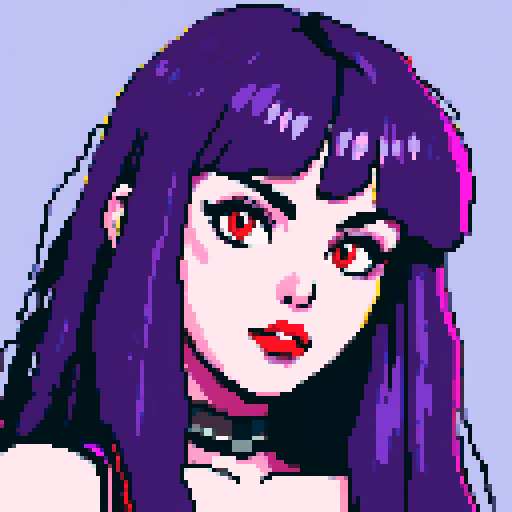 Thicc, busty goth girl, long purple hair, eyeliner, red lipstick, nude breast, spiked collar, up close face portrait, vibrant sega genesis palette, nude pixel art portrait,