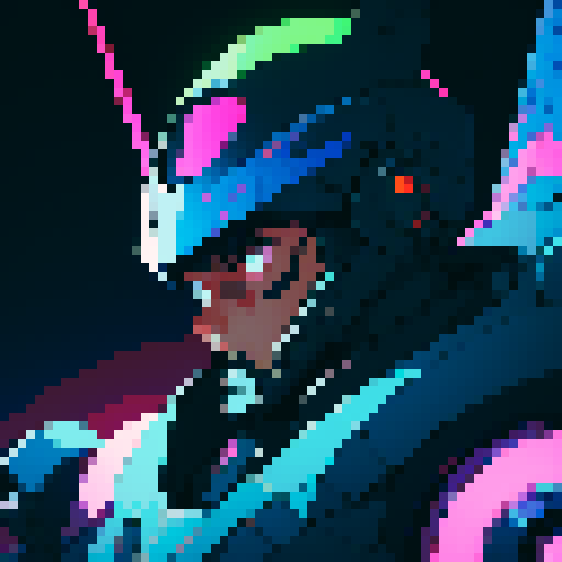 space mech suit, helmeted male pilot, vibrant colors, retro pixel art, futuristic design, glowing neon lights, metallic armor, blocky and square shapes, dynamic pose, dark background, cosmic energy, intricate details, mechanical joints, digital display, holographic interface, sci-fi atmosphere, powerful weaponry, high-tech gadgets