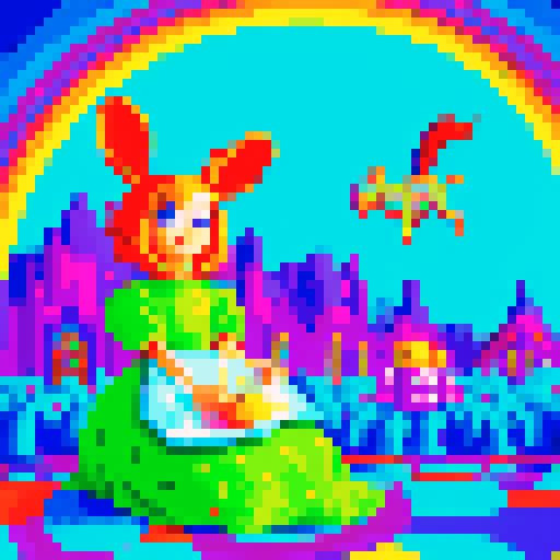 alice, curious, exploring a whimsical, psychedelic wonderland, filled with vibrant, saturated colors, surreal landscapes, pixelated characters, and fantastical creatures, all depicted in the retro, low-resolution style of pixel art, with a limited color palette inspired by the sRGB color space