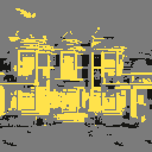 Suburban mansion, front view, symmetrical design, towering structure, pixelated windows, pristine lawn, straight path to door, low-resolution details, sRGB color palette