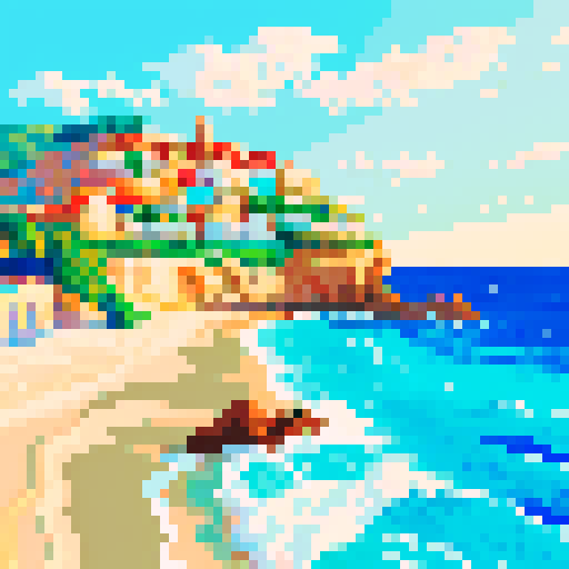 mediterranean waves, vibrant colors, intricate details, pixelated forms, fluid movement, contrasting hues, textured brushstrokes, sRGB palette, coastal scenery
