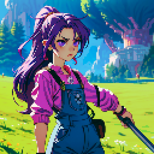 nerdy character, purple-haired, overalls-wearing, small hammer-wielding, jrpg-style, sRGB, pixel art