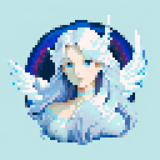 Beautiful ethereal angel with chrome wings, flowing hair, and a serene expression, rendered in pixel art with crisp, defined lines and a vibrant sRGB color palette. clearly defined facial features