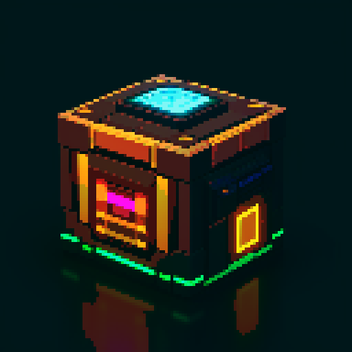 futuristic lootbox, rectangular, 2 tiers, glowing buttons, intricate details, pixel art style, sRGB