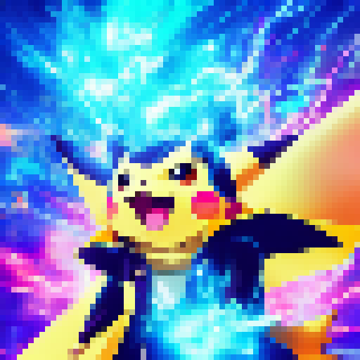 Electric sparks fly as Pikachu charges up a powerful kamehameha attack, surrounded by vibrant colors and anime-style action.