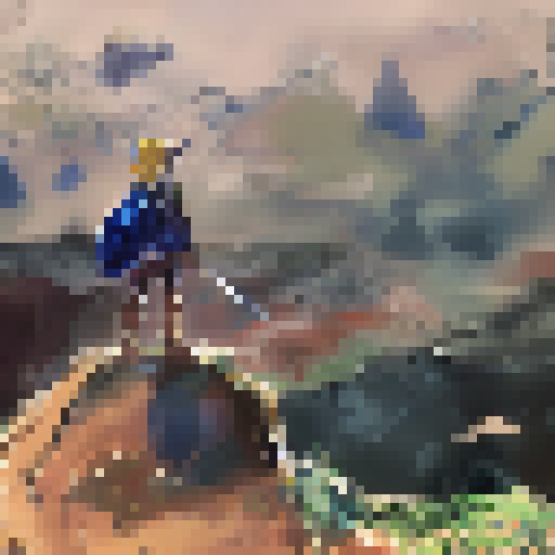 Link from legend of zelda standing on a mountaintop overlooking Hyrule field