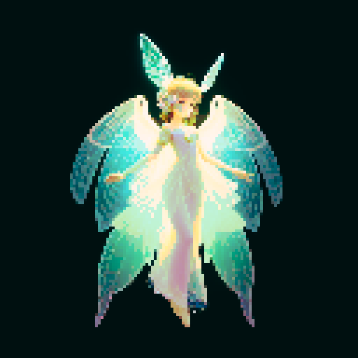 A delicate, fairy-like creature with translucent wings, a body adorned with blooming flowers, and glowing eyes. It has a serene expression and emits a soft, magical light. It moves gracefully through the air. No background.
