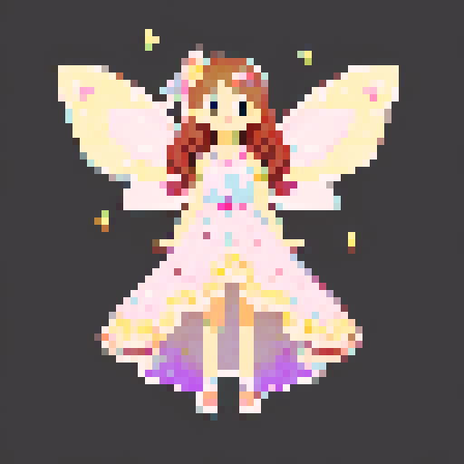 fairy girl with sparkly wings in pixel art style, surrounded by pink and purple flowy patterns, long brown hair and sparkles around her