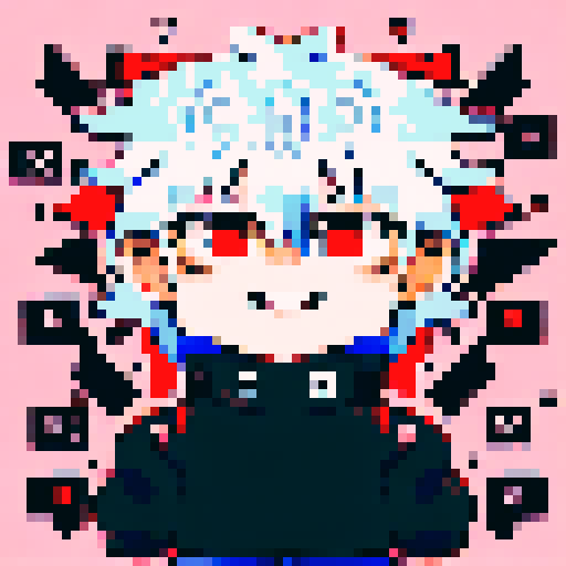 Bright-eyed anime character with spiky hair and a mischievous smile, portrayed in a pixel art style with a close-up portrait that highlights the intricate details of their outfit and accessories.