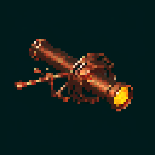 I want a copper rotary machine gun viewed head on from the right side. I want this object usable an asset in a videogame, meaning only one object per image, outlined with a strong black stroke, on a solid-color background.