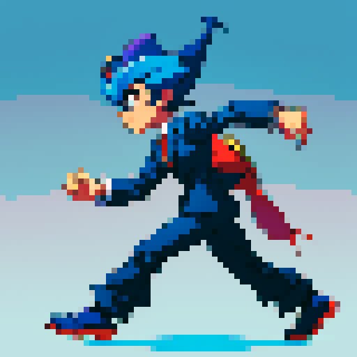 A full body character, an economist wearing a suit, megaman style, retro, from the side, running