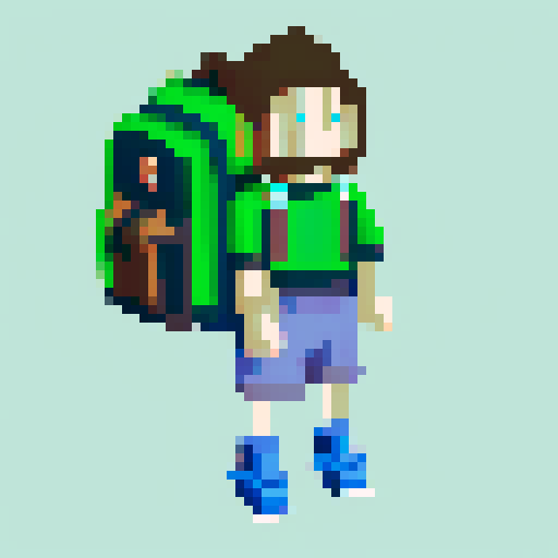 A single sprite of a young boy with a backpack on, pixel art, facing the camera, with a plain expression, on a plain background. His eyes are blue and his hair is brown. His backpack is red. He's wearing green hiking pants with brown shoes.