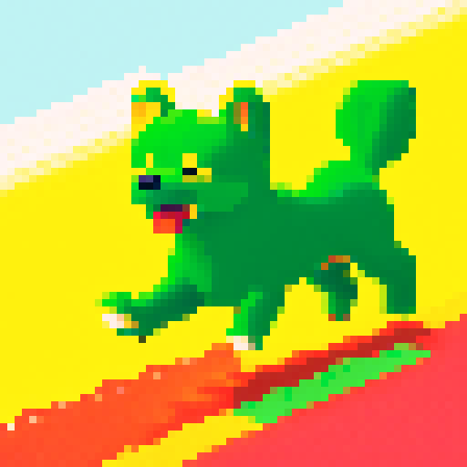 cute, furry, yellow dog with floppy ears and a wagging tail, running through a vibrant, 8-bit pixelated meadow, surrounded by vibrant, saturated sRGB colors