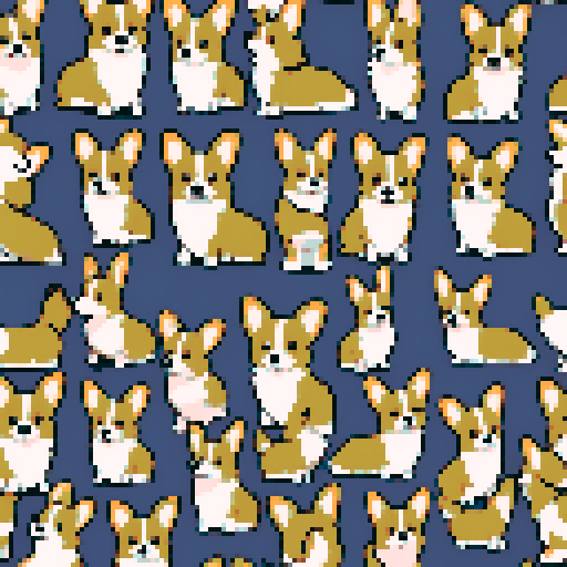 9 cute corgi dog sprites of (different) colors and poses including: Pembroke Welsh Corgis and Cardigan Welsh Corgis Red
Sable
Fawn
Black
Tricolor (Black, Tan, and White)
Blue Merle
Brindle
White (with patches of other colors)
Chocolate (less common)
Tan (often seen in conjunction with other colors)