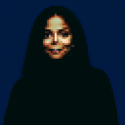 Happy, luscious Janet Jackson strikes a pose with hands on hips or sides while wearing a black turtleneck sweater; use a large aperture for shallow depth of field and render her as a Pixar character in pixel art style.