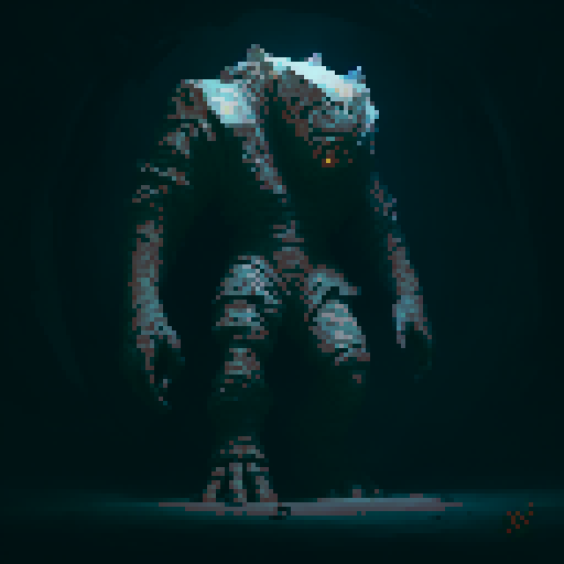 Giant golem made out of boulders, wandering through a cave