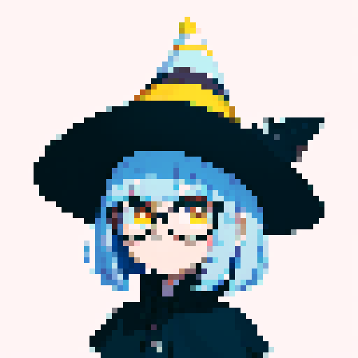 male, symmetrical face, closed mouth, yellow eyes, hair between eyes, solo male, straight-on, facing viewer, light blue hair, bob cut, white pupils, tsurime, pepekekeko, long bangs, flowing sleeves, capelet, perfect anatomy, blunt bangs, intricate details, witch hat, feather, glasses, pixel art, sRGB