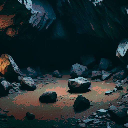 Create a realistic cave interior with jagged walls and a dusty floor covered in scattered rocks of various sizes. Include a warm light source on the left, softly illuminating part of the cave while casting shadows that contrast with the darker, mysterious areas. The atmosphere should feel secluded and slightly eerie, with earthy tones and detailed textures on the rocks and walls to enhance the natural, rugged appearance.