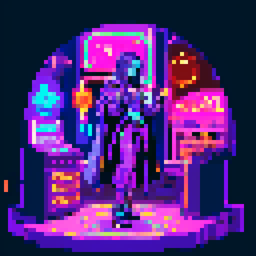 magic mage cyberpunk girl with vibrant purple hair, glowing tattoos, and a flowing cloak, surrounded by holographic neon signs and futuristic market stalls, all rendered in pixel art with a vivid sRGB color palette