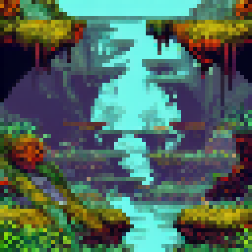 Underground river flowing through a glowing, moss-covered cave system with towering stalactites and stalagmites in a fantastical pixel art landscape