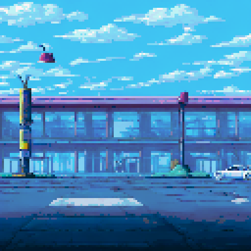 Huge vacant parking lot, cracked mossy pavement, faint light inside abandoned building, tall bright light posts, black sky, dark purple stars, sRGB, pixel art, background, landscape