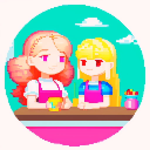 A girl with long blonde hair, pink apron, and a friend with short brown hair, sitting at a table in a nail salon, surrounded by vibrant pixel art, showcasing a playful and colorful sRGB palette