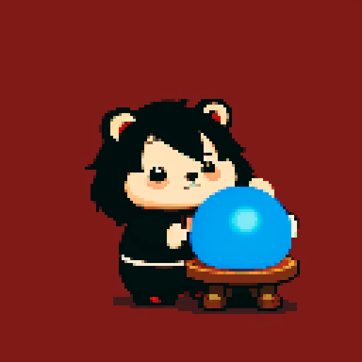 Gothic chibi chubby bear surrounded by red background, black shadows, button eyes, brown fur, looks like a doll. There is a magic ball on a table with a red tablecloth, a satanic pendant around his neck, a glowing wax candle burning at the back. A mascot pose is used, the whole image looks like a poster for an old retro pixel video game.