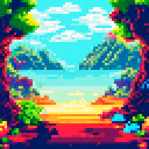 Sharp seashells jut out from frothy ocean waves, bubbles bursting in the chaos, framed by a stunning pixel art game ability icon against a breathtaking landscape background in sRGB color