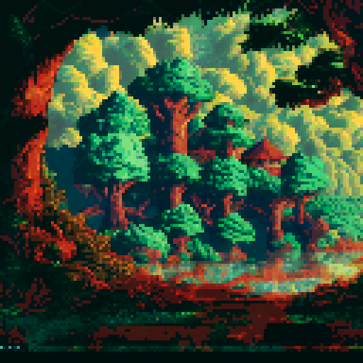 Tall, towering majestic trees, enormous treehouse, vibrant colors, dense foliage, pixelated leaves, intricate branches, serene background, sprawling landscape, sRGB palette